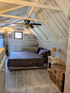 普纳奥亚Chalet De Tahiti的一间卧室配有一张床和吊扇