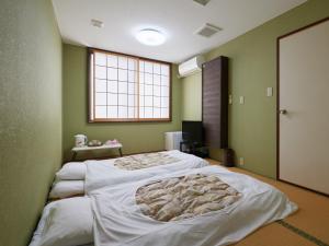 笛吹市Tabist Sakura no Yakata Hotel的绿墙客房内的两张床