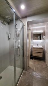 奥斯坦德加的夫酒店的一间带玻璃淋浴和水槽的浴室