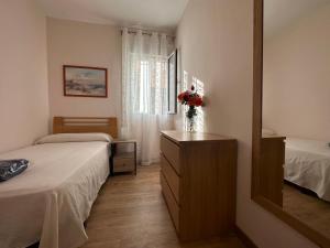 萨拉戈萨Dos Torres Tenor Gayarre - Encanto con Balcón Interior的一间卧室配有两张床和一个带镜子的梳妆台
