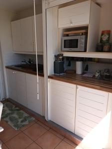 圣安尼Appartement Bilimbi Guadeloupe entre Sainte-Anne et Saint-François的厨房配有白色橱柜和微波炉