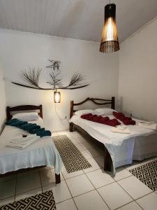 圣安德雷Pousada Vila Gaia的一间卧室配有两张床和吊灯。