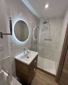 阿格德角Le cap dagde的带淋浴、盥洗盆和镜子的浴室