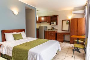 迦太基萨尔瓦多古阿可酒店餐厅的酒店客房带一张床和一个厨房