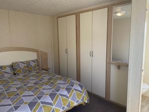纽顿2 Bedroom Caravan - Ash 51, Trecco Bay的一间卧室配有一张床和橱柜,还设有一间浴室