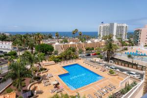 美洲海滩博林肯公寓的享有棕榈树和建筑的游泳池的顶部景致