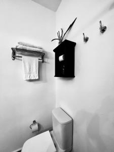 埃斯特角城Viento Azul Guest House的一间带卫生间的浴室和墙上的黑盒