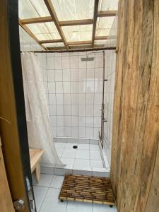 El RosarioLa Colmena Glamping的带淋浴的浴室和瓷砖地板。