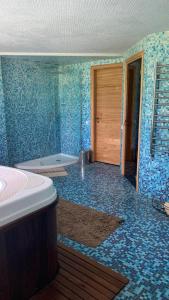 斯伽尔达Bella Vita brīvdienu māja的浴室铺有蓝色瓷砖地板,配有浴缸。
