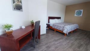 MatamorosNoas Hotel的客房配有书桌、床和书桌、四柱床。