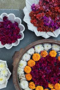 阿格拉Ekaa Villa near Taj Mahal的桌上三种不同类型的花