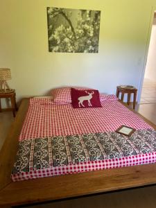 Rüschegg-GrabenNaturnahe Familienwohnung的一间卧室配有一张带红白毯子的床
