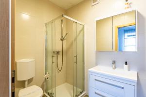 别洛瓦尔Studio apartman the little Prince的带淋浴、卫生间和盥洗盆的浴室