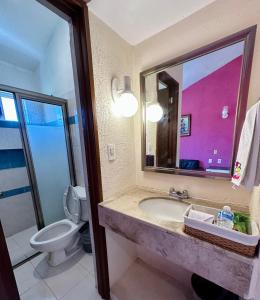 坎佩切巴兰基亚酒店的一间带水槽、卫生间和镜子的浴室
