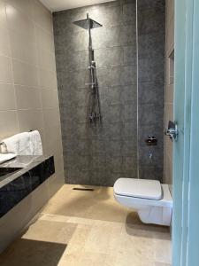 马拉喀什Villa Novia的带淋浴、卫生间和盥洗盆的浴室