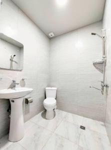 科布列季Elgabi Hotel Kobuleti的白色的浴室设有卫生间和水槽。