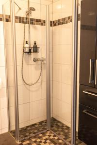 汉诺威Modern, fully equipped apartment, ideal for Messe fair的浴室里设有玻璃门淋浴
