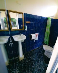 雅科Hostel de Haan的蓝色瓷砖浴室设有水槽和卫生间