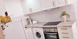 阿尔沃尔Casa Dourada的厨房配有白色橱柜、洗衣机和烘干机