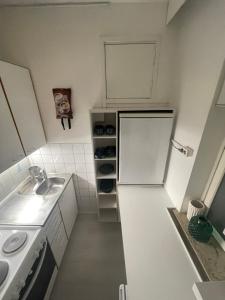 图尔库Ihana yksiö Turun keskustassa的白色小厨房配有水槽和冰箱