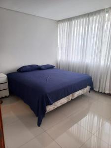 圣克鲁斯PIHARE II的一间卧室配有一张带蓝色床单的床和一扇窗户。