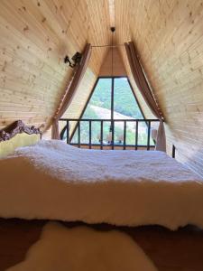 第比利斯Cozy cabin的一张位于带大窗户的房间内的床铺