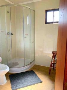 洛斯安赫莱斯Linda y cómoda cabaña en un entorno natural的一间带玻璃淋浴和卫生间的浴室