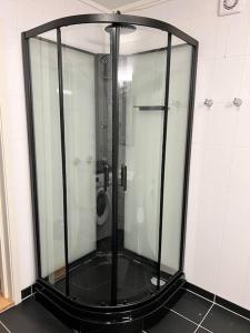 斯沃尔韦尔Leilighet sentralt i Svolvær的浴室里设有玻璃门淋浴