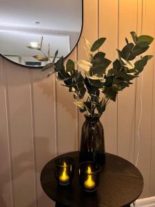 斯沃尔韦尔Leilighet sentralt i Svolvær的一张桌子,上面有带蜡烛和镜子的花瓶