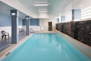 埃德蒙顿南埃德蒙顿福朋喜来登酒店的大楼内的一个蓝色海水游泳池
