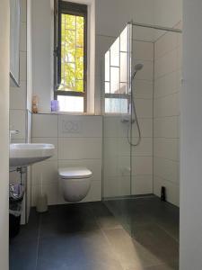 门迪希Schicke Monteurunterkunft in Mendig mit drei Wohneinheiten的带淋浴、卫生间和盥洗盆的浴室