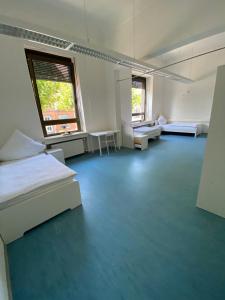 门迪希Schicke Monteurunterkunft in Mendig mit drei Wohneinheiten的大房间设有几张床和窗户