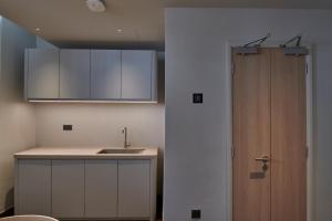 新加坡KINN Studios的一个带水槽和木门的厨房