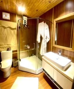 隆海安和公寓酒店的带淋浴、盥洗盆和卫生间的浴室