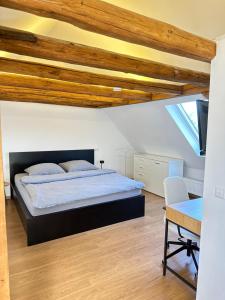 Oedheim1 Zimmer Wohnung DG mit Klimaanlage und kleinen Balkon的一间卧室设有一张带木制天花板的大床