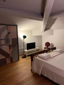 蒙特卡蒂尼泰尔梅Casa Cavour的一间卧室配有一张床、一台电视和一面镜子