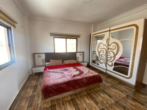 杰拉什Jar AlQamar Chalet -شاليه جار القمر的一间卧室配有一张床和一面大镜子