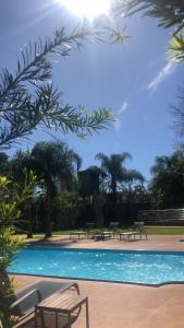 伊瓜苏伊瓜苏快捷酒店的度假村内带桌子和长凳的游泳池