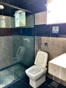 瓜佩Paraiso na beira de cachoeiras Canyons Capitólio MG的一间带卫生间和玻璃淋浴间的浴室
