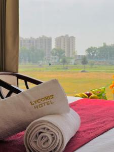 齐拉克普尔Stay @Northview park hotel zirakpur的床上的毛巾,享有田野美景