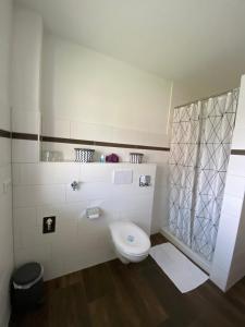 ZarrentinAppartements am Schaalsee的白色的浴室设有卫生间和窗户。