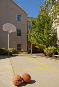 堪萨斯城堪萨斯城机场希尔顿惠庭套房酒店的大楼前篮球场上的两个篮球