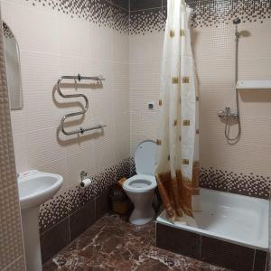 休钦斯克Vintage гостиница的浴室配有卫生间、盥洗盆和淋浴。