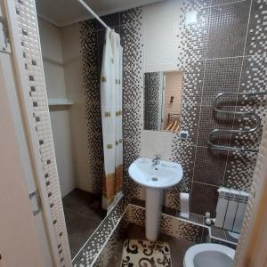 休钦斯克Vintage гостиница的一间带水槽和淋浴的小浴室
