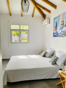 哥西尔Vanille, à proximité des plages, idéalement situé pour visiter la Guadeloupe的一间带一张大床的卧室,位于带窗户的房间内