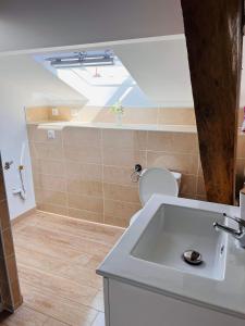 NesleAppartement 4 personnes的浴室配有水槽和带天窗的卫生间。