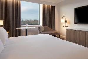 柯罗格伦都柏林机场希尔顿酒店的酒店的客房 - 带一张床、椅子和窗户