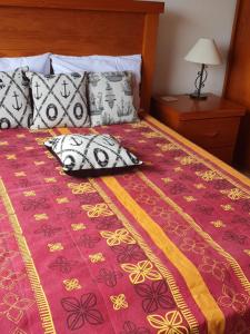 布希奥斯Casa de 3 quartos em condomínio em Geriba的一张带红色毯子和枕头的床