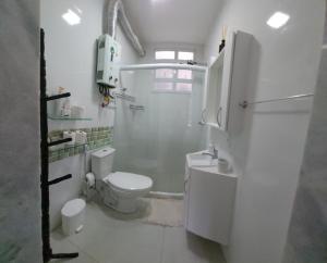 里约热内卢Loft aconchegante no Leblon的白色的浴室设有卫生间和淋浴。