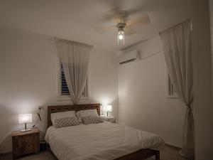内坦亚Appartement cosy sur Netanya的一间卧室配有一张带两盏灯的床和两扇窗户。